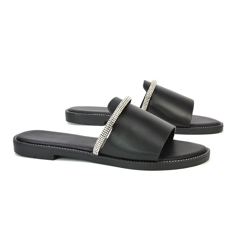Khai Flat Sandal Summer Slip On Sliders With Diamante Rhinestone Strap in Nude - Image 65