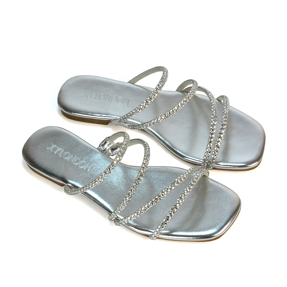 Kiki Slip On Sliders Diamante Flat Sandal Summer Shoes With Square Toe in Black - Image 11