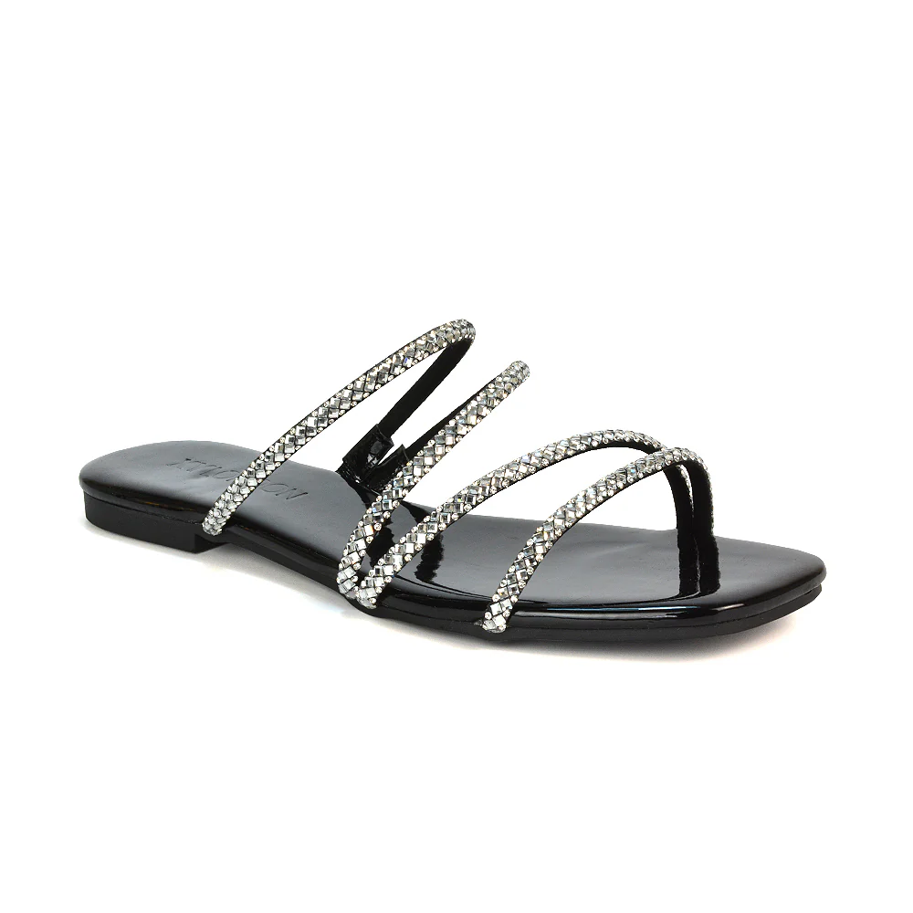 Kiki Slip On Sliders Diamante Flat Sandal Summer Shoes With Square Toe in Black - Image 2