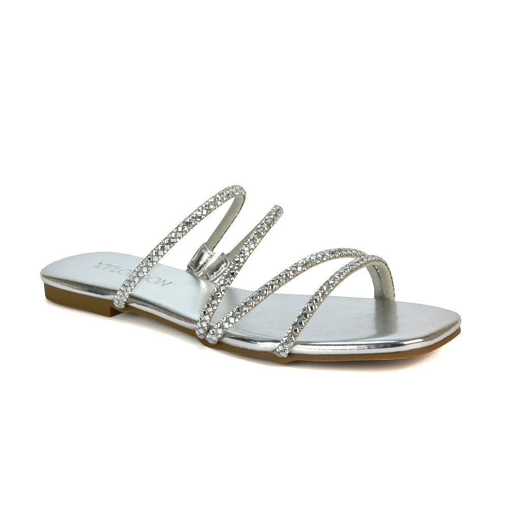 Kiki Slip On Sliders Diamante Flat Sandal Summer Shoes With Square Toe in Black - Image 27