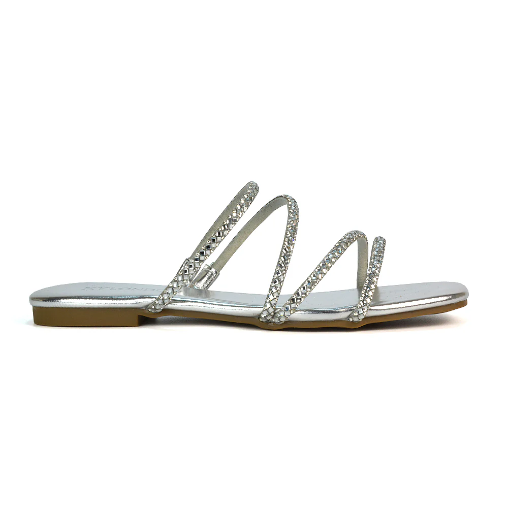 Kiki Slip On Sliders Diamante Flat Sandal Summer Shoes With Square Toe in Black - Image 28