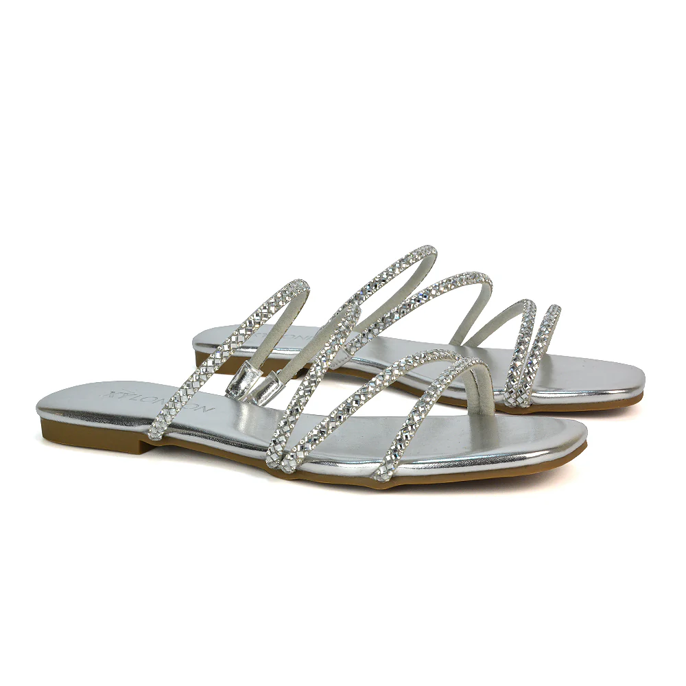 Kiki Slip On Sliders Diamante Flat Sandal Summer Shoes With Square Toe in Black - Image 30