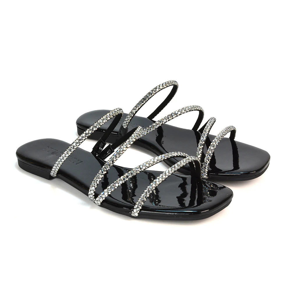 Kiki Slip On Sliders Diamante Flat Sandal Summer Shoes With Square Toe in Black - Image 4