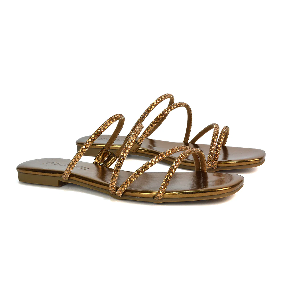 Kiki Slip On Sliders Diamante Flat Sandal Summer Shoes With Square Toe in Black - Image 40
