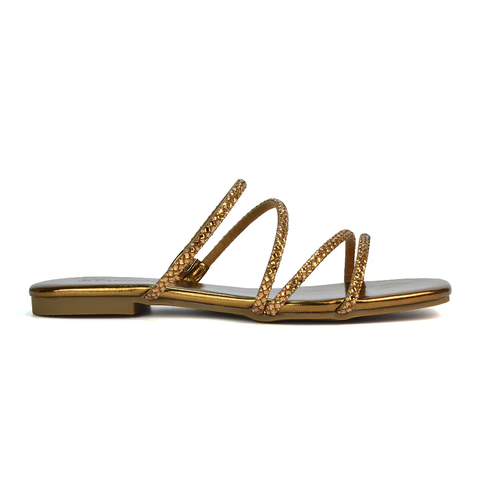 Kiki Slip On Sliders Diamante Flat Sandal Summer Shoes With Square Toe in Black - Image 53