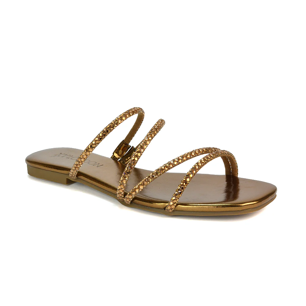 Kiki Slip On Sliders Diamante Flat Sandal Summer Shoes With Square Toe in Black - Image 57