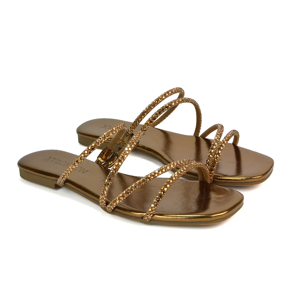 Kiki Slip On Sliders Diamante Flat Sandal Summer Shoes With Square Toe in Black - Image 64