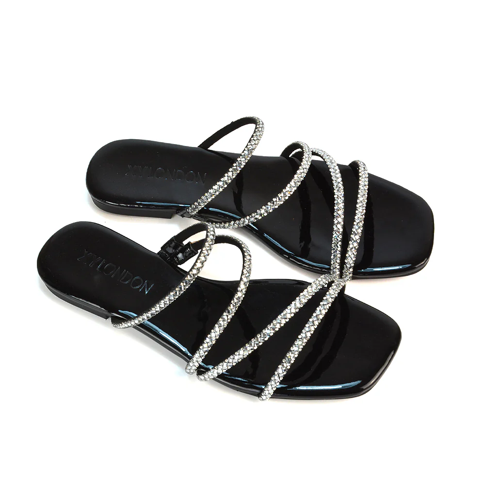 Kiki Slip On Sliders Diamante Flat Sandal Summer Shoes With Square Toe in Black - Image 66