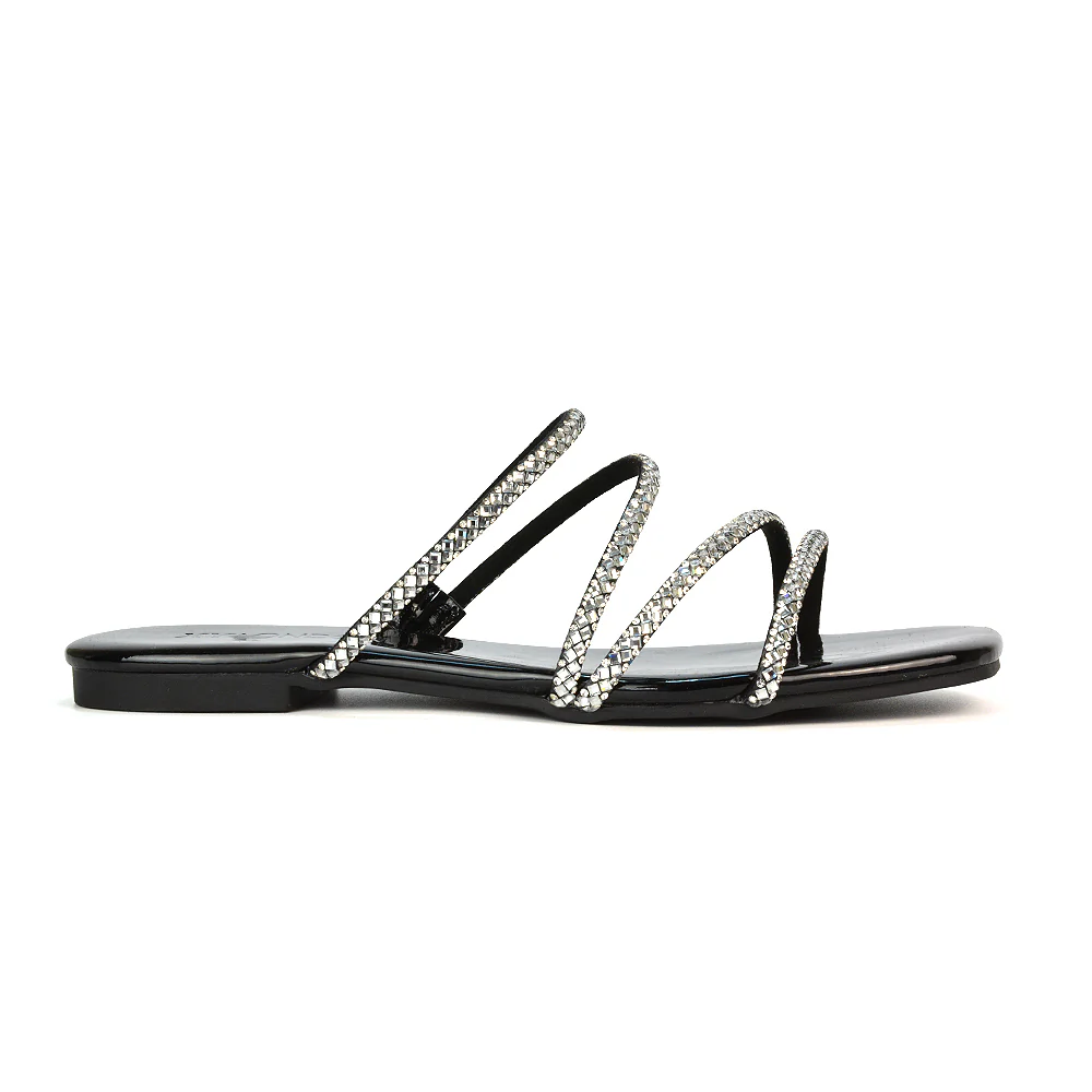 Kiki Slip On Sliders Diamante Flat Sandal Summer Shoes With Square Toe in Black - Image 83