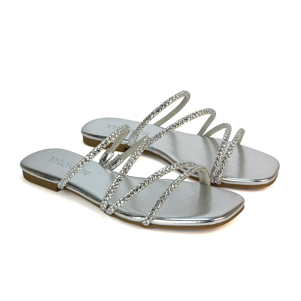 Kiki Slip On Sliders Diamante Flat Sandal Summer Shoes With Square Toe in Liquid Gold - Image 9