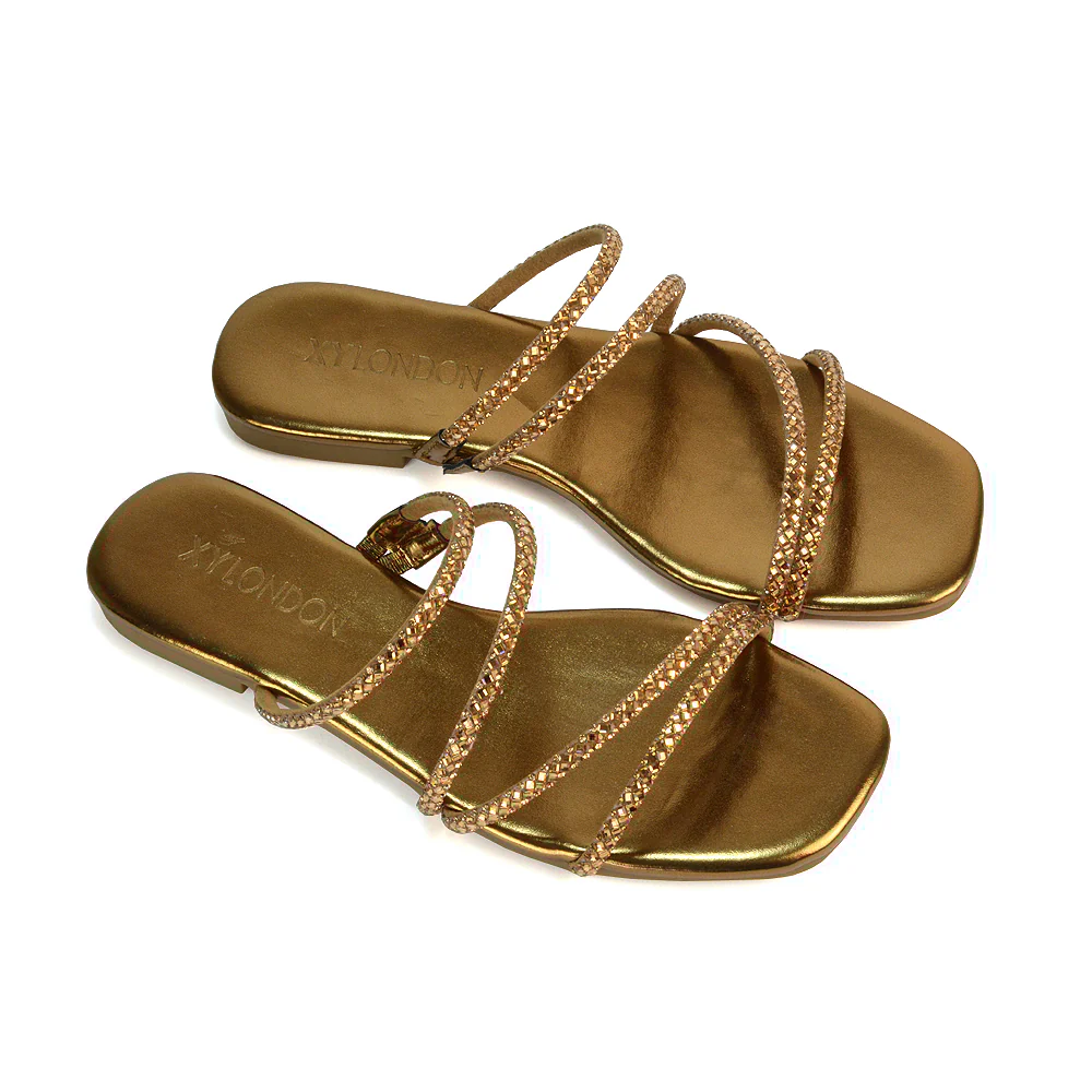 Kiki Slip On Sliders Diamante Flat Sandal Summer Shoes With Square Toe in Silver - Image 56