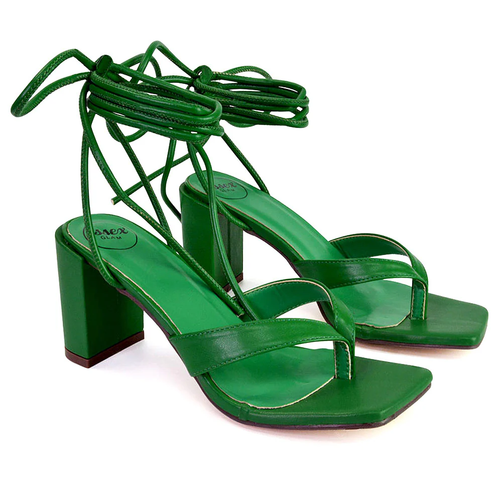 Kiko Lace Up Thong Square Toe Strappy Mid Block Heel Sandals in Black - Image 29