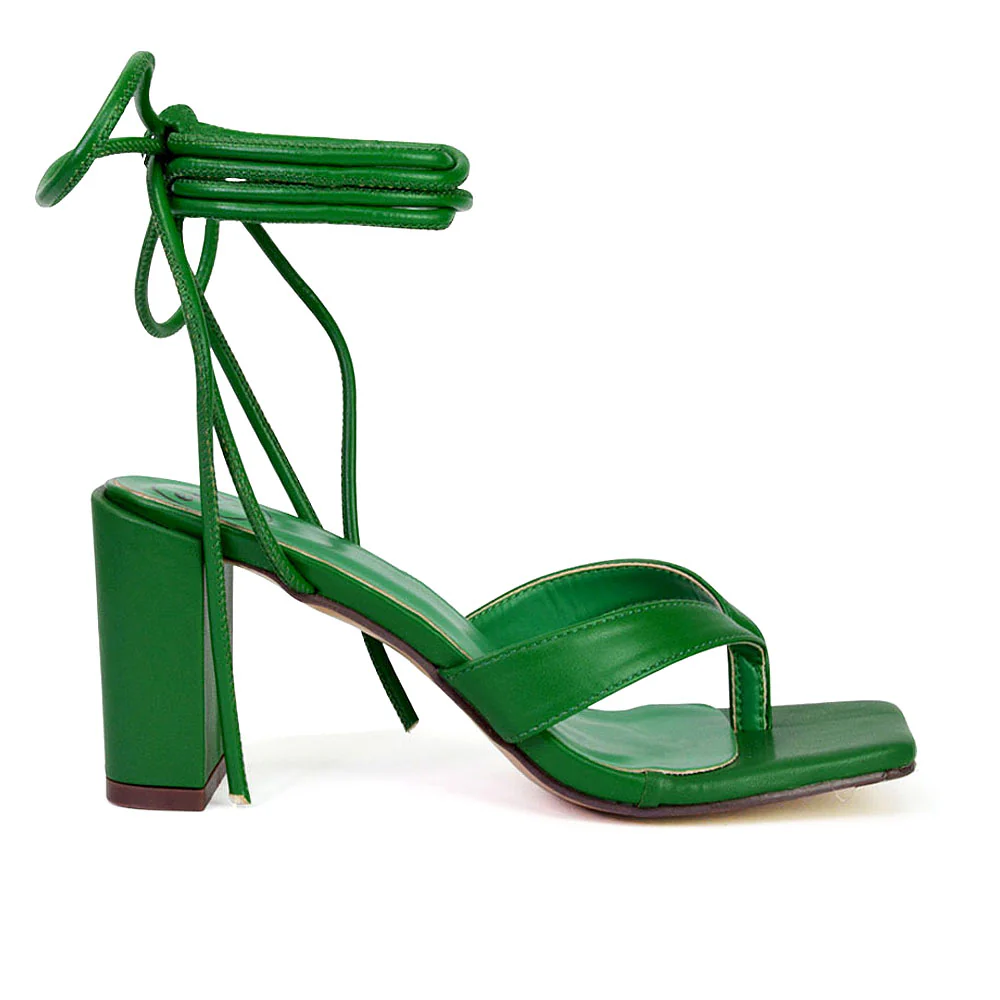 Kiko Lace Up Thong Square Toe Strappy Mid Block Heel Sandals in Black - Image 33