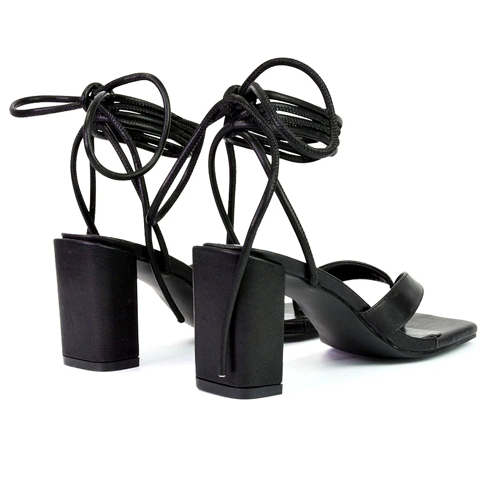Kiko Lace Up Thong Square Toe Strappy Mid Block Heel Sandals in Silver - Image 102