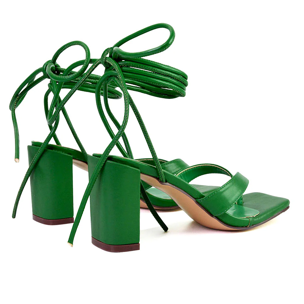 Kiko Lace Up Thong Square Toe Strappy Mid Block Heel Sandals in Silver - Image 22