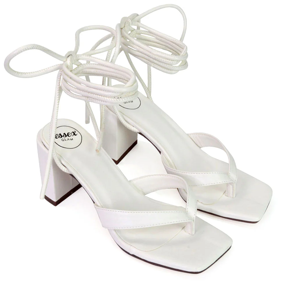 Kiko Lace Up Thong Square Toe Strappy Mid Block Heel Sandals in Silver - Image 56