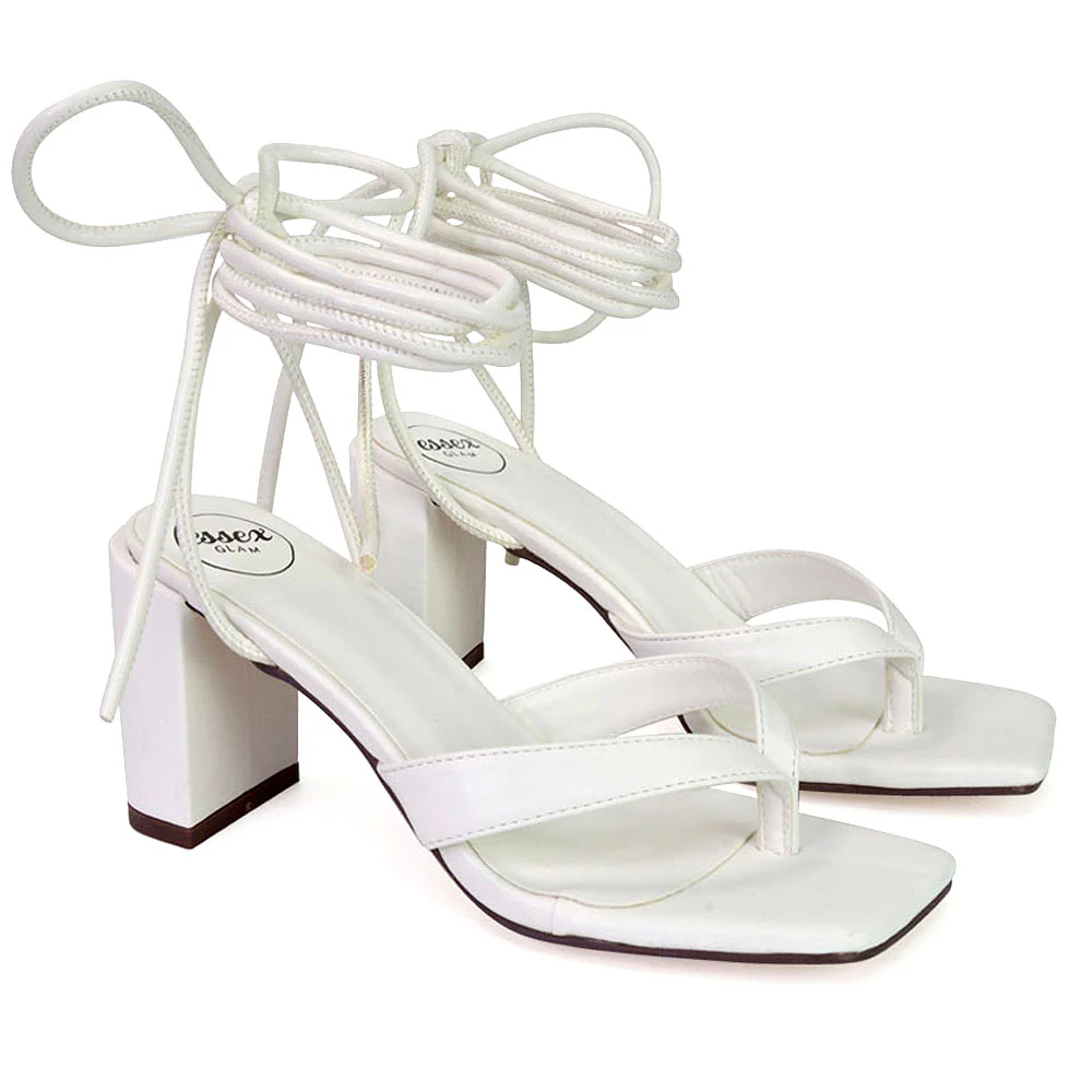Kiko Lace Up Thong Square Toe Strappy Mid Block Heel Sandals in White - Image 49