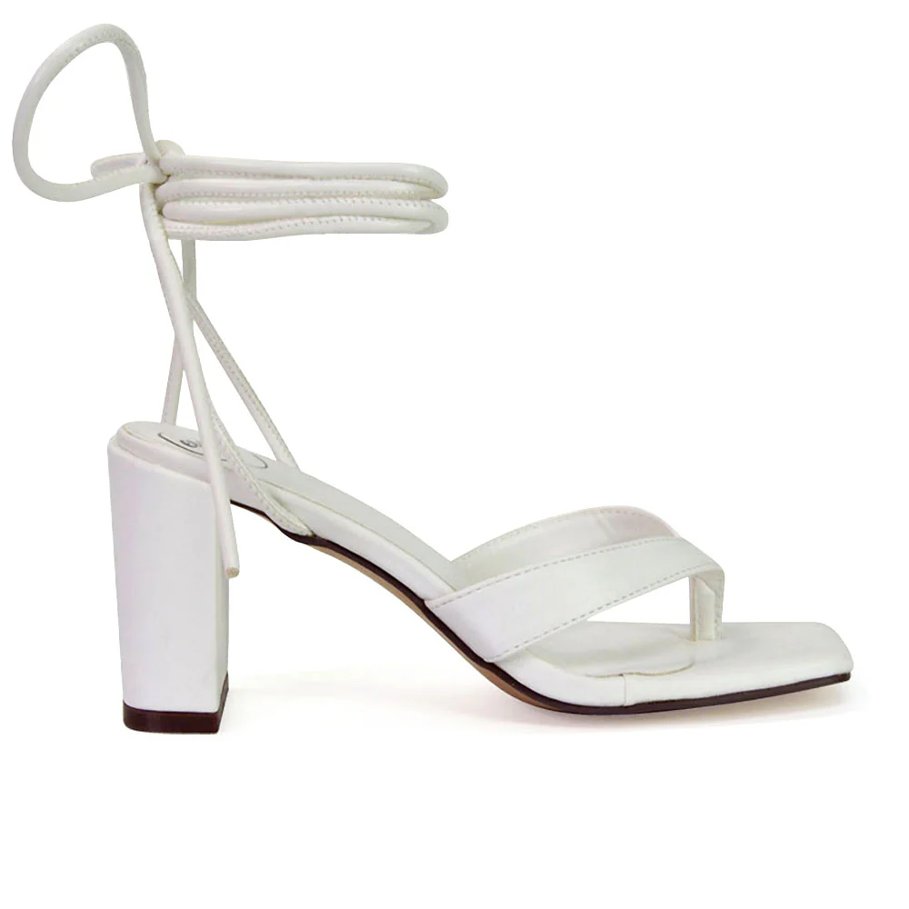 Kiko Lace Up Thong Square Toe Strappy Mid Block Heel Sandals in White - Image 63