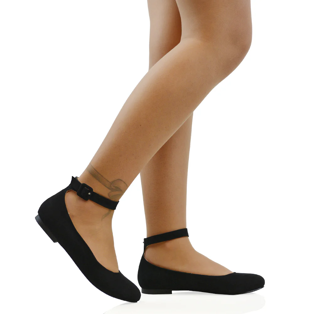 KIMMIE BALLERINA LOW BLOCK HIGH HEEL BUCKLE STRAPPY PUMP FLAT SHOES in Black Faux Suede - Image 7