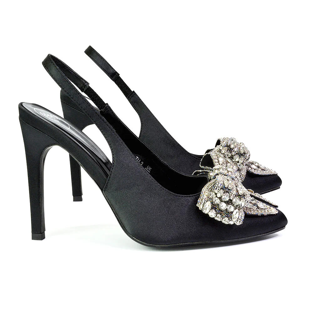 Kimmy Diamante Bow Pointed Toe Court Shoes Stiletto High Heels in Black - Image 8