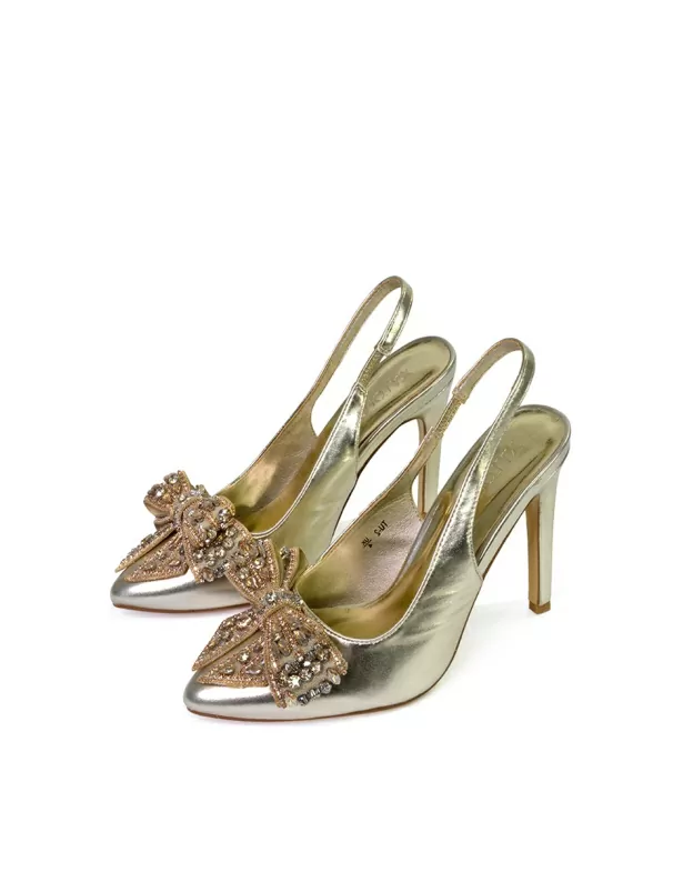 Kimmy Diamante Bow Pointed Toe Court Shoes Stiletto High Heels in Gold - Image 4