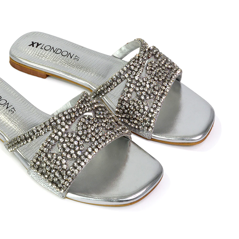 Kingsley Flat Sandal Slides Embellished Diamante Summer Square Toe Shoes in Black - Image 32