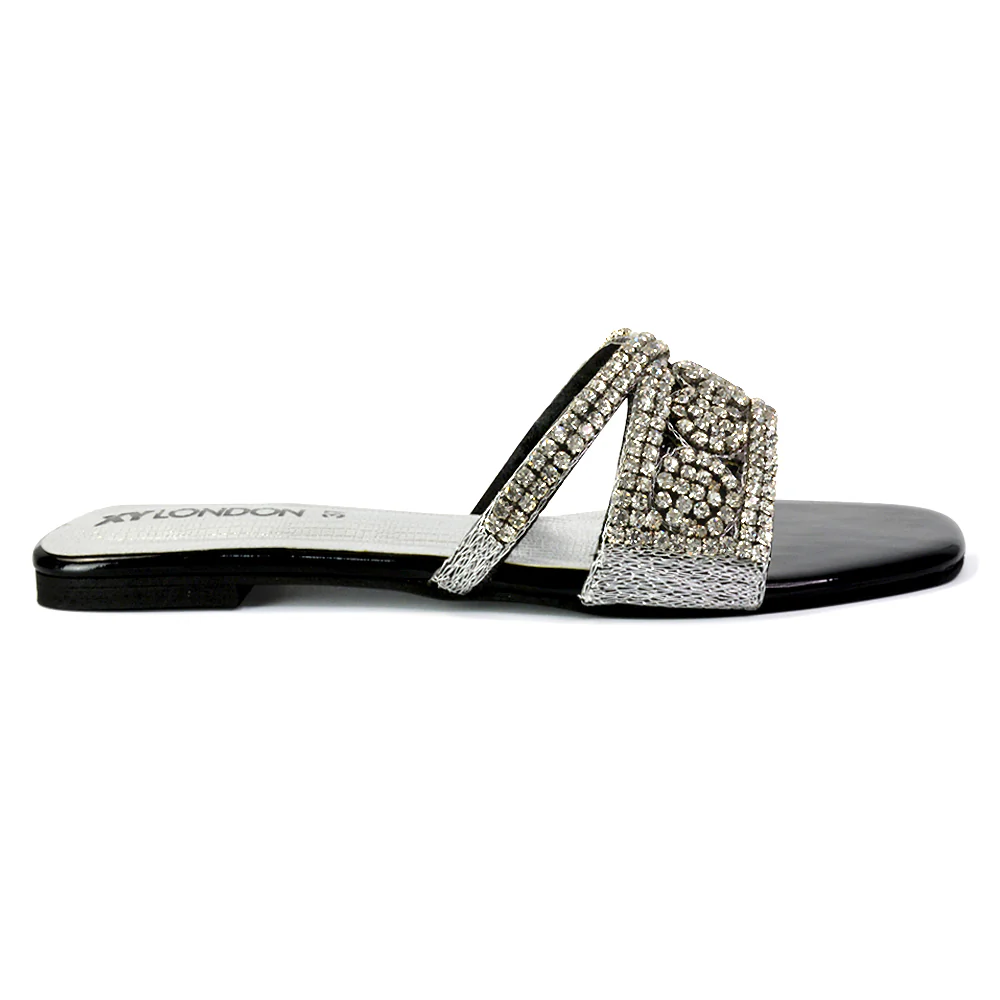 Kingsley Flat Sandal Slides Embellished Diamante Summer Square Toe Shoes in Black - Image 78
