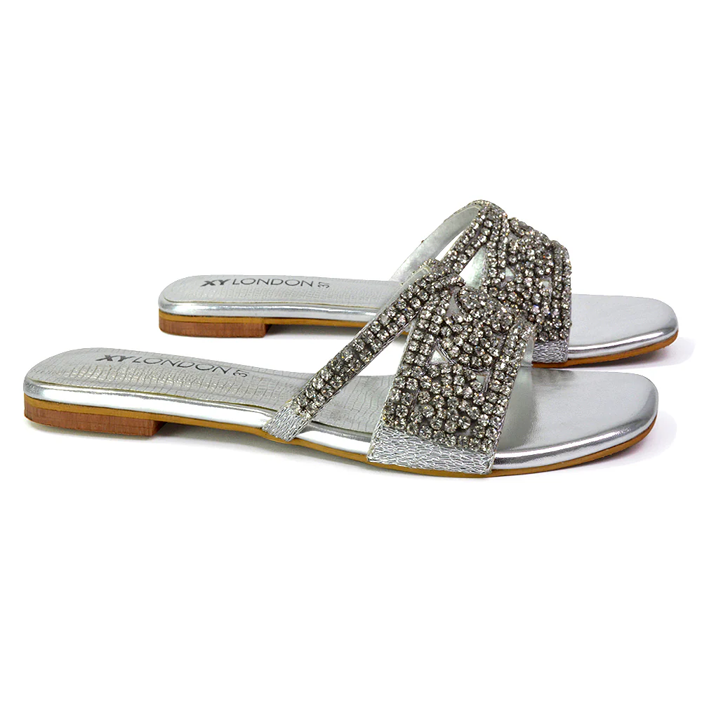 Kingsley Embellished Diamante Flat Sandal Slides Summer Square Toe Shoes in Gold - Image 10