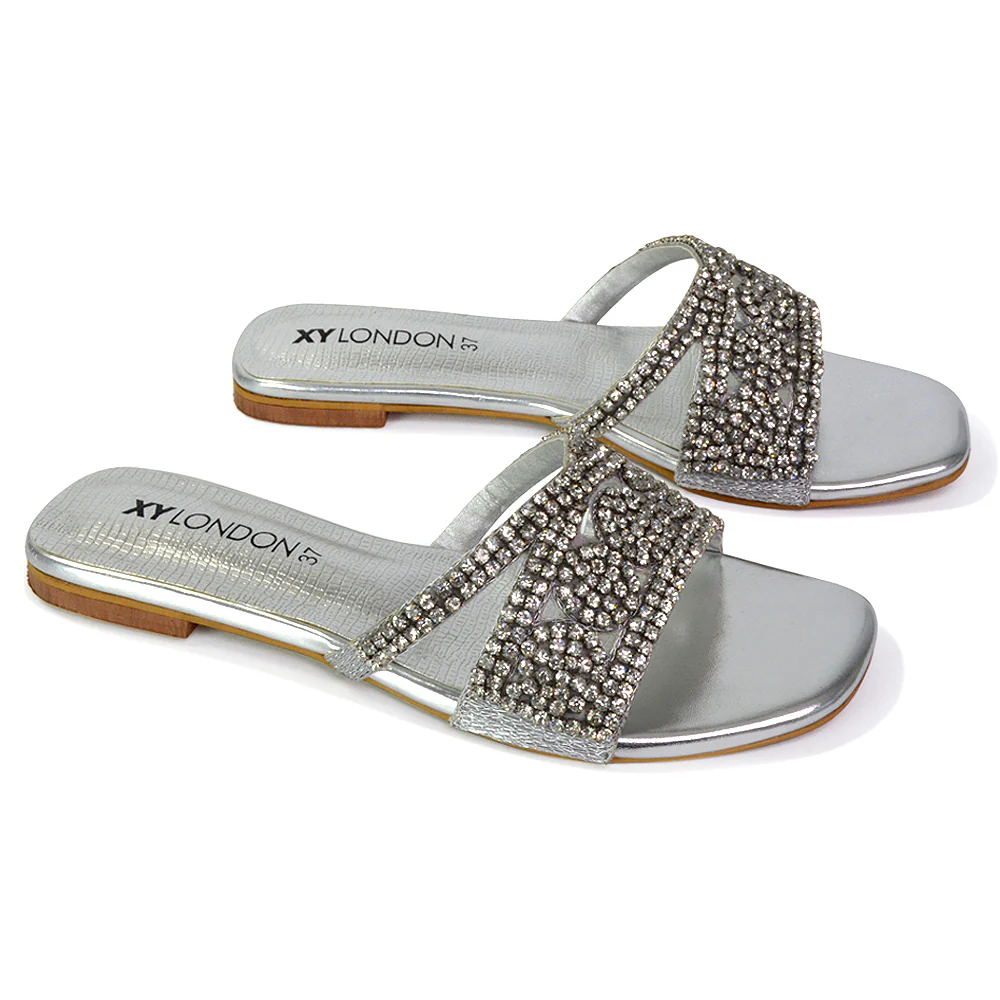 Kingsley Embellished Diamante Flat Sandal Slides Summer Square Toe Shoes in Gold - Image 16