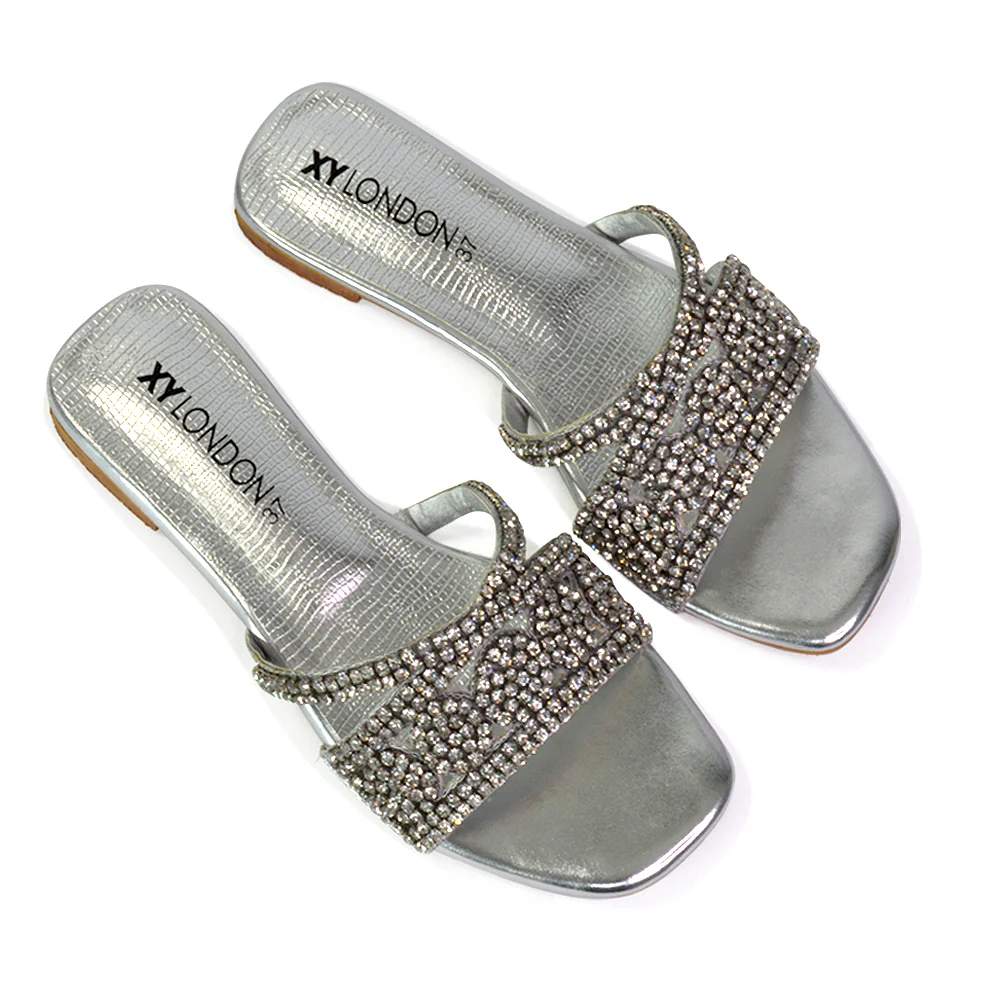 Kingsley Embellished Diamante Flat Sandal Slides Summer Square Toe Shoes in Gold - Image 29
