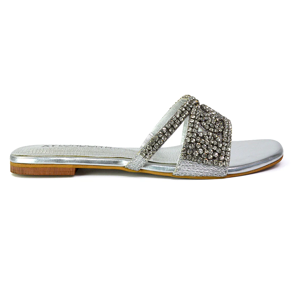 Kingsley Embellished Diamante Flat Sandal Slides Summer Square Toe Shoes in Gold - Image 33