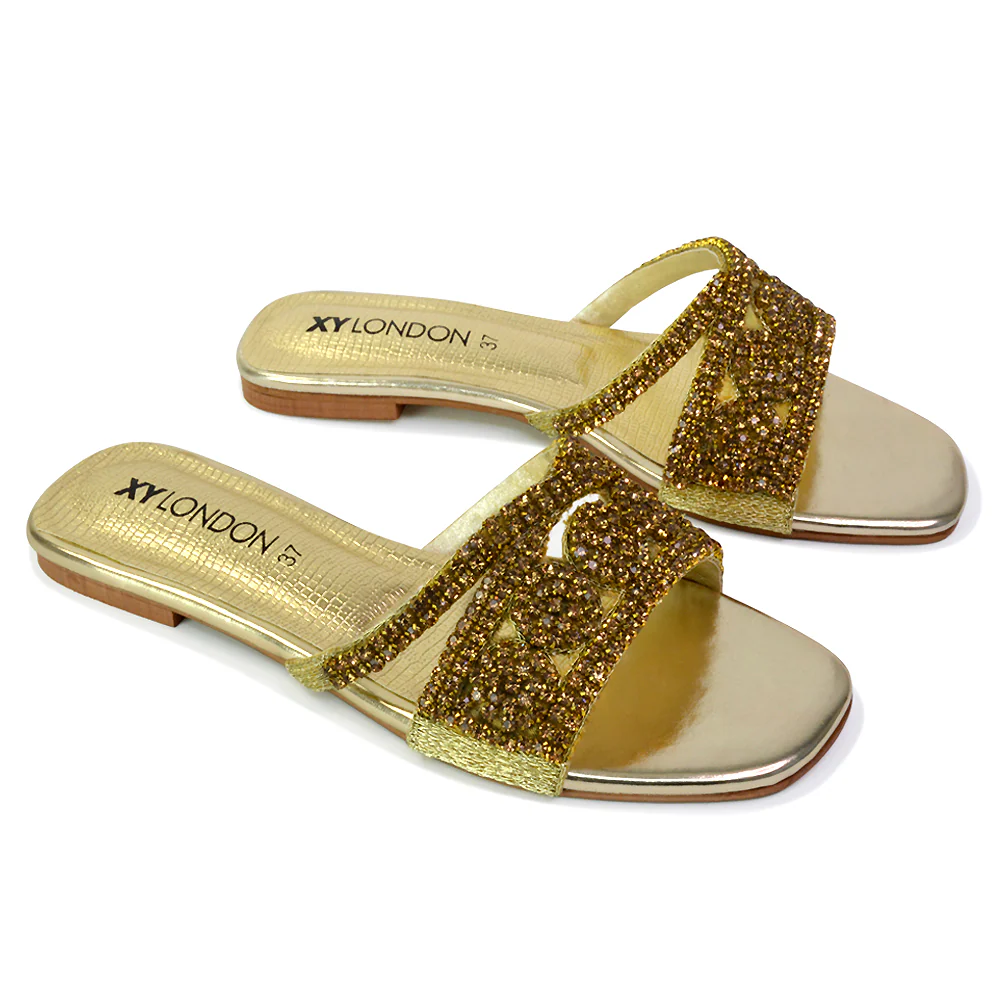 Kingsley Embellished Diamante Flat Sandal Slides Summer Square Toe Shoes in Gold - Image 46