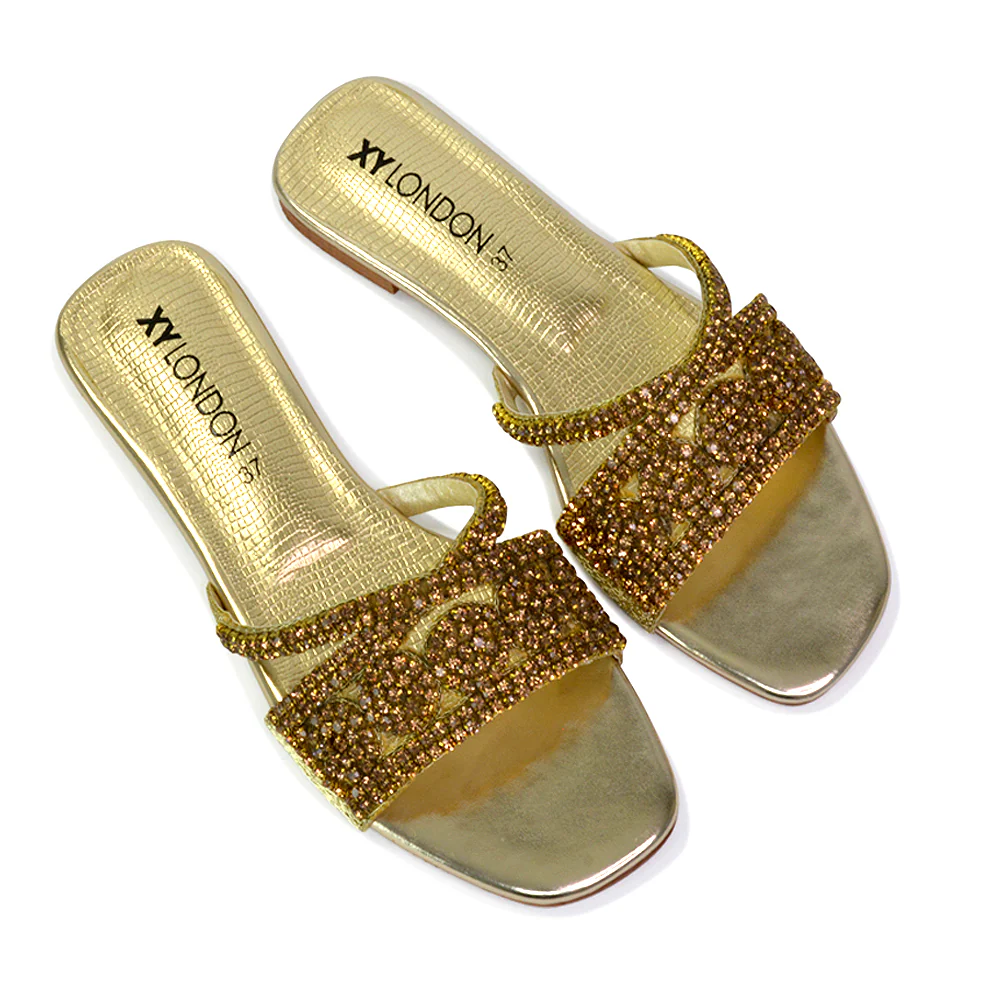 Kingsley Embellished Diamante Flat Sandal Slides Summer Square Toe Shoes in Gold - Image 69