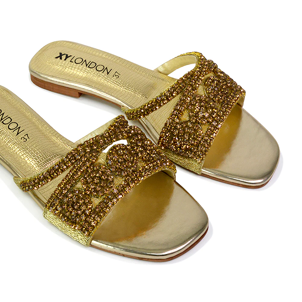 Kingsley Embellished Diamante Flat Sandal Slides Summer Square Toe Shoes in Gold - Image 72