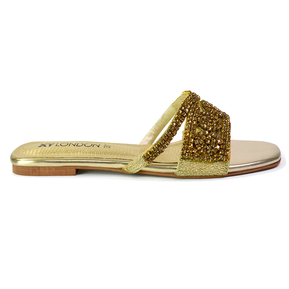 Kingsley Embellished Diamante Flat Sandal Slides Summer Square Toe Shoes in Gold - Image 73