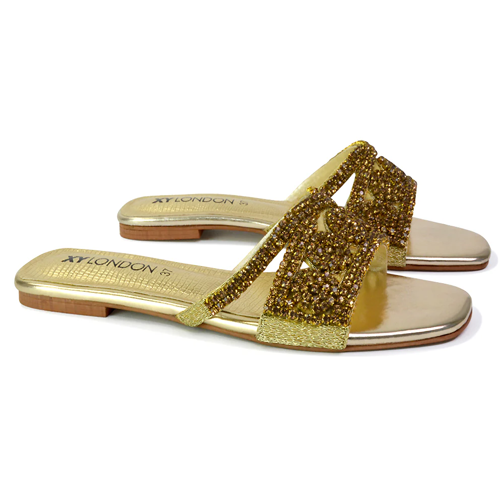 Kingsley Embellished Diamante Flat Sandal Slides Summer Square Toe Shoes in Gold - Image 75