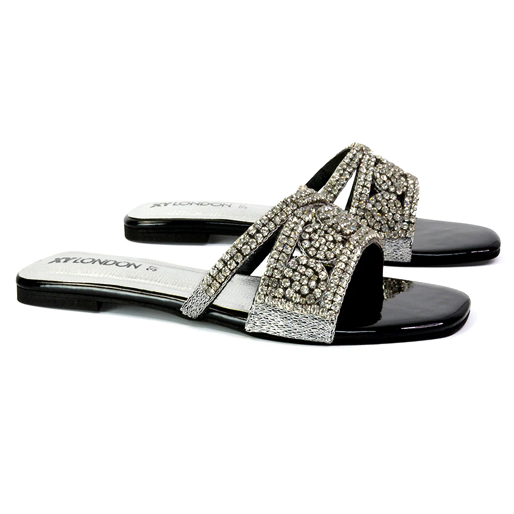 Kingsley Embellished Diamante Flat Sandal Slides Summer Square Toe Shoes in Gold - Image 80