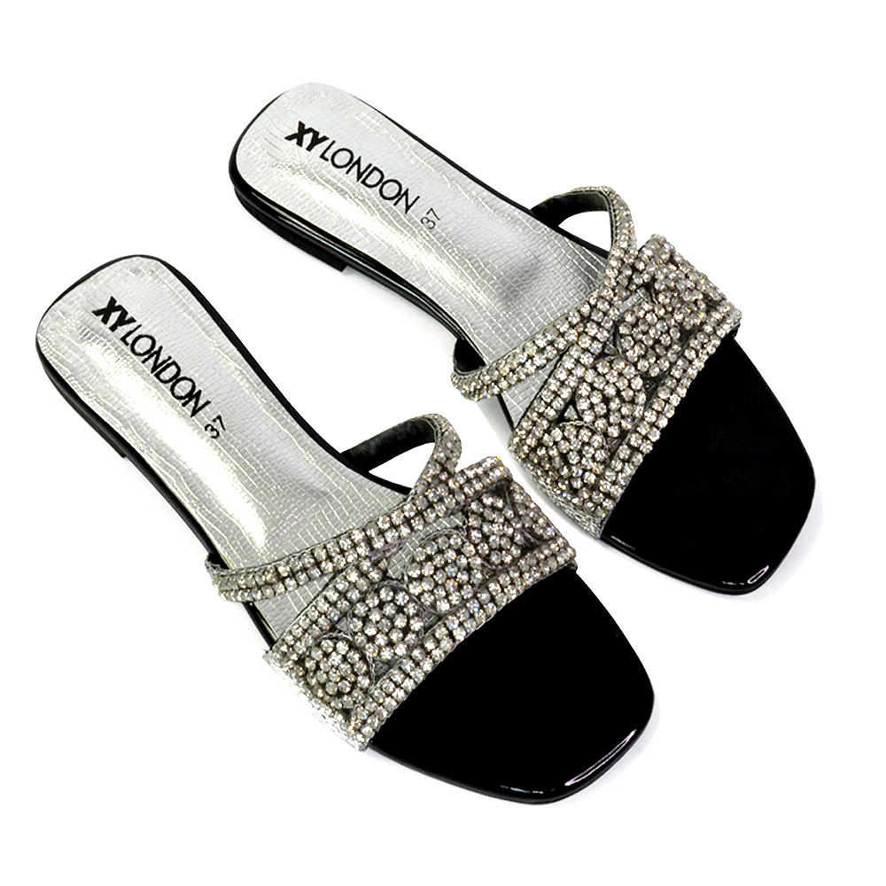 Kingsley Embellished Diamante Flat Sandal Slides Summer Square Toe Shoes in Gold - Image 84