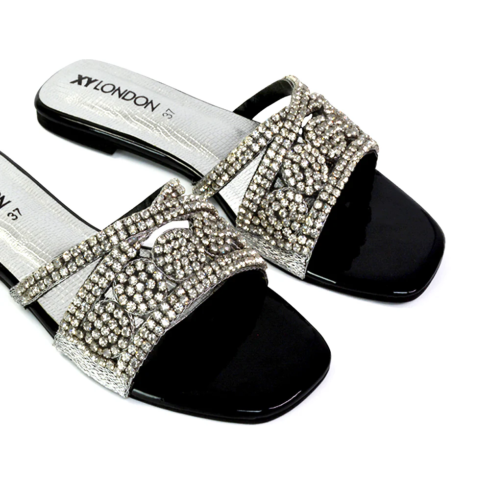 Kingsley Embellished Diamante Flat Sandal Slides Summer Square Toe Shoes in Gold - Image 97