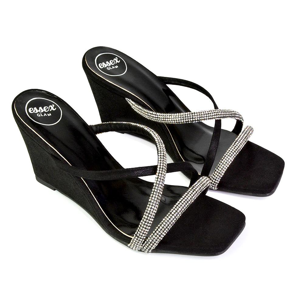 Kinsley Slip on Heeled Mules Diamante Strappy Square Toe Sandal Wedge Heel in Black - Image 105