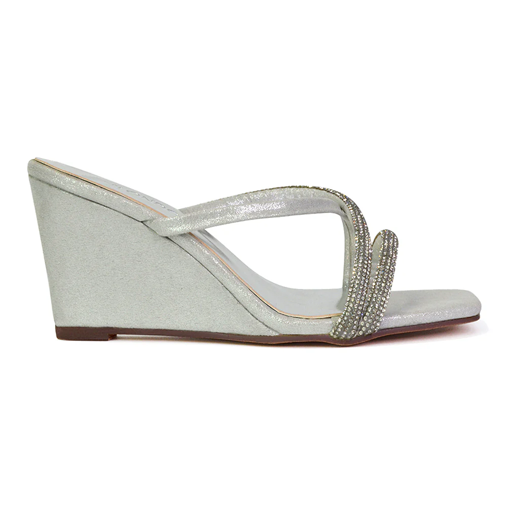Kinsley Slip on Heeled Mules Diamante Strappy Square Toe Sandal Wedge Heel in Black - Image 63