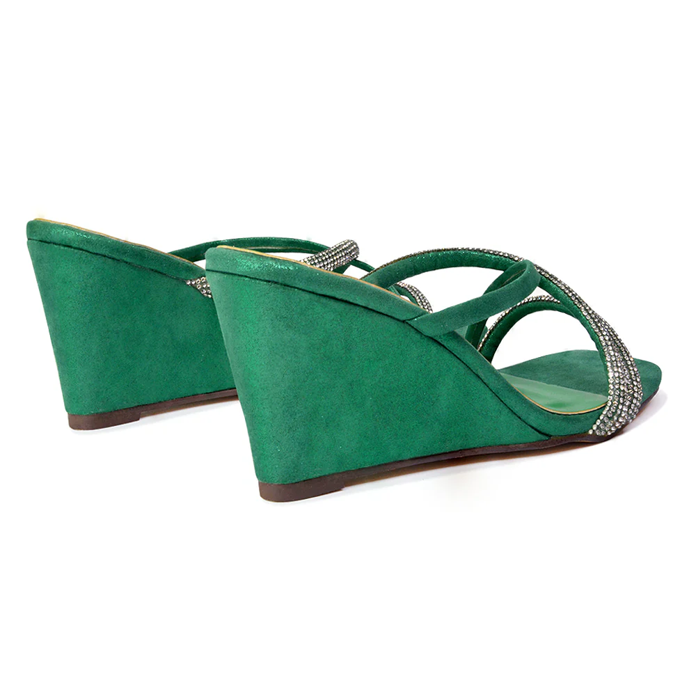 Kinsley Slip on Heeled Mules Diamante Strappy Square Toe Sandal Wedge Heel in Black - Image 7