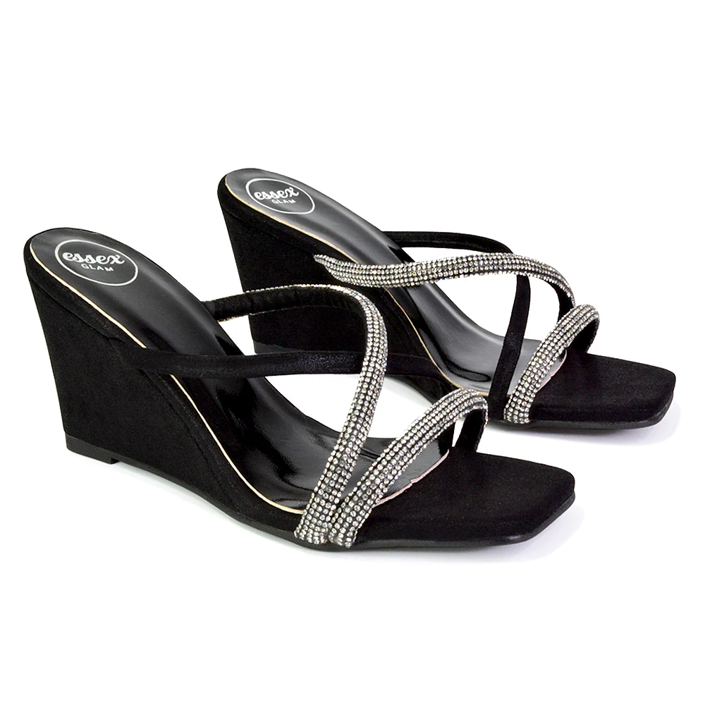 Kinsley Slip on Heeled Mules Diamante Strappy Square Toe Sandal Wedge Heel in Green - Image 121