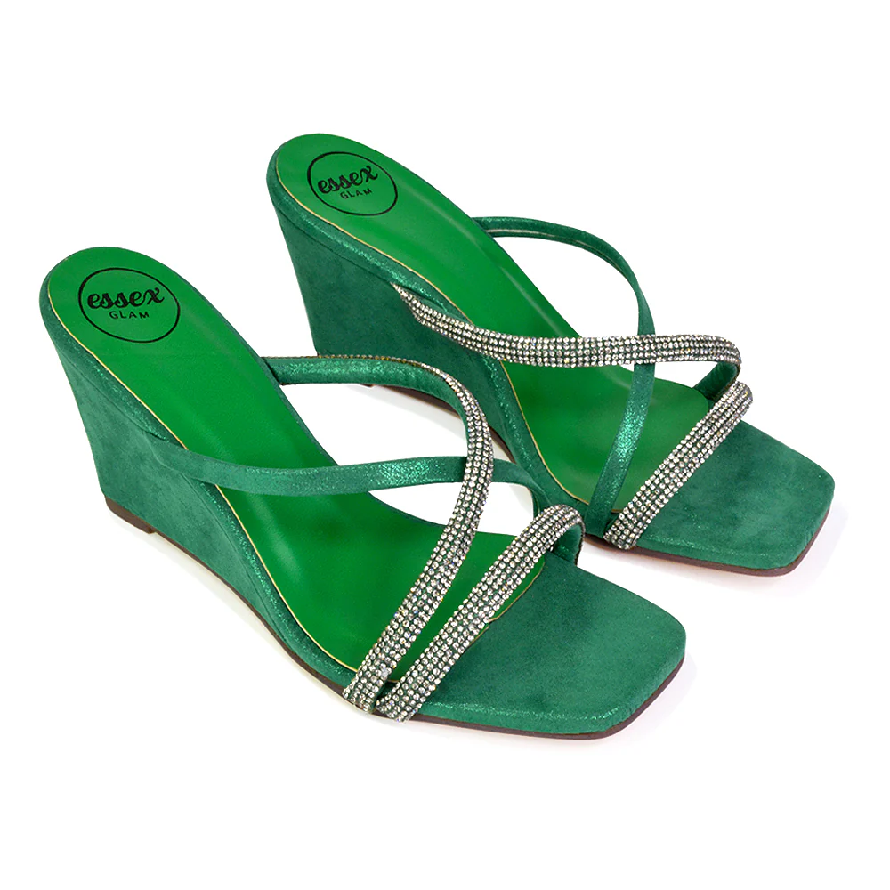 Kinsley Slip on Heeled Mules Diamante Strappy Square Toe Sandal Wedge Heel in Green - Image 20