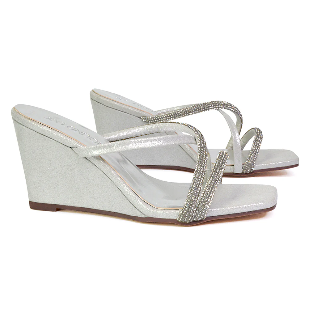 Kinsley Slip on Heeled Mules Diamante Strappy Square Toe Sandal Wedge Heel in Green - Image 59