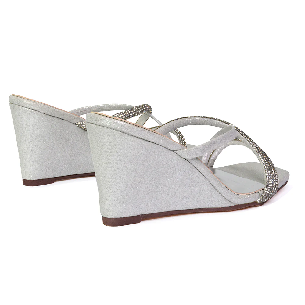 Kinsley Slip on Heeled Mules Diamante Strappy Square Toe Sandal Wedge Heel in Green - Image 62
