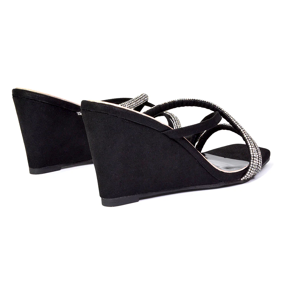 Kinsley Slip on Heeled Mules Diamante Strappy Square Toe Sandal Wedge Heel in Rose Gold - Image 102