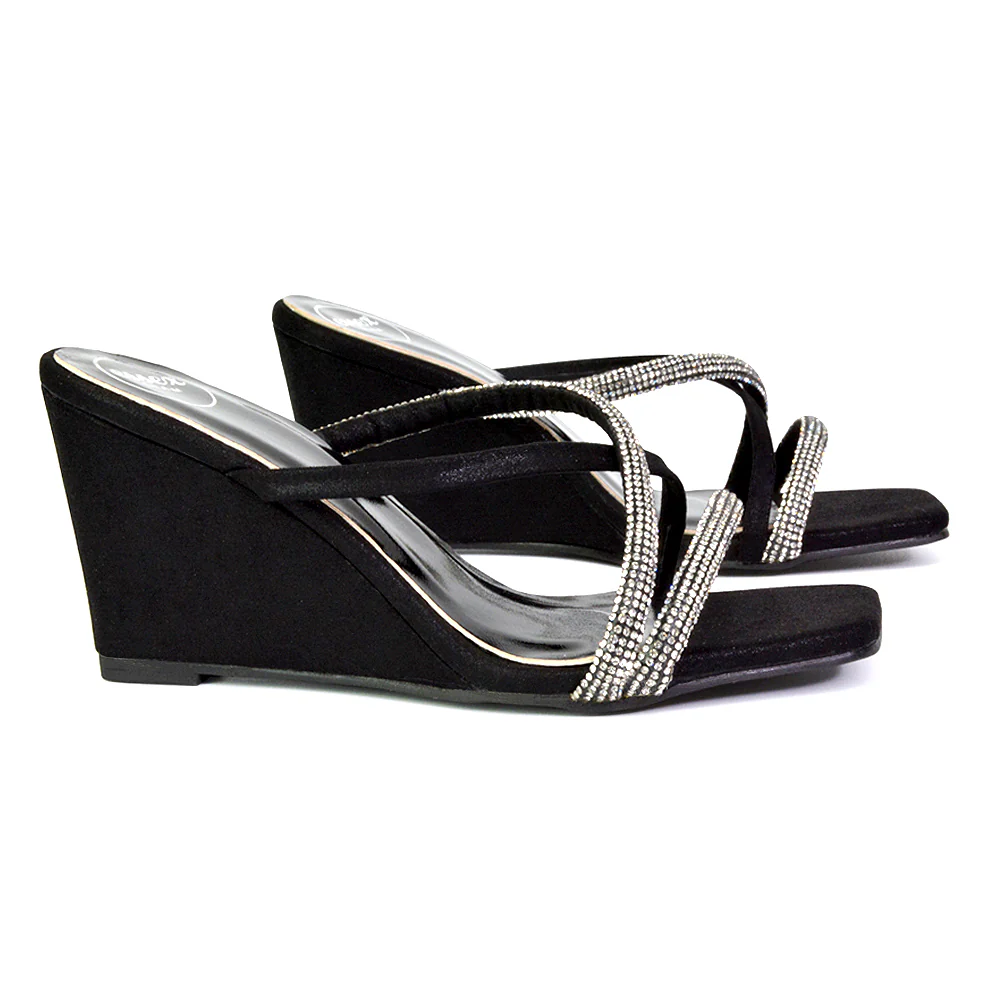 Kinsley Slip on Heeled Mules Diamante Strappy Square Toe Sandal Wedge Heel in Rose Gold - Image 109