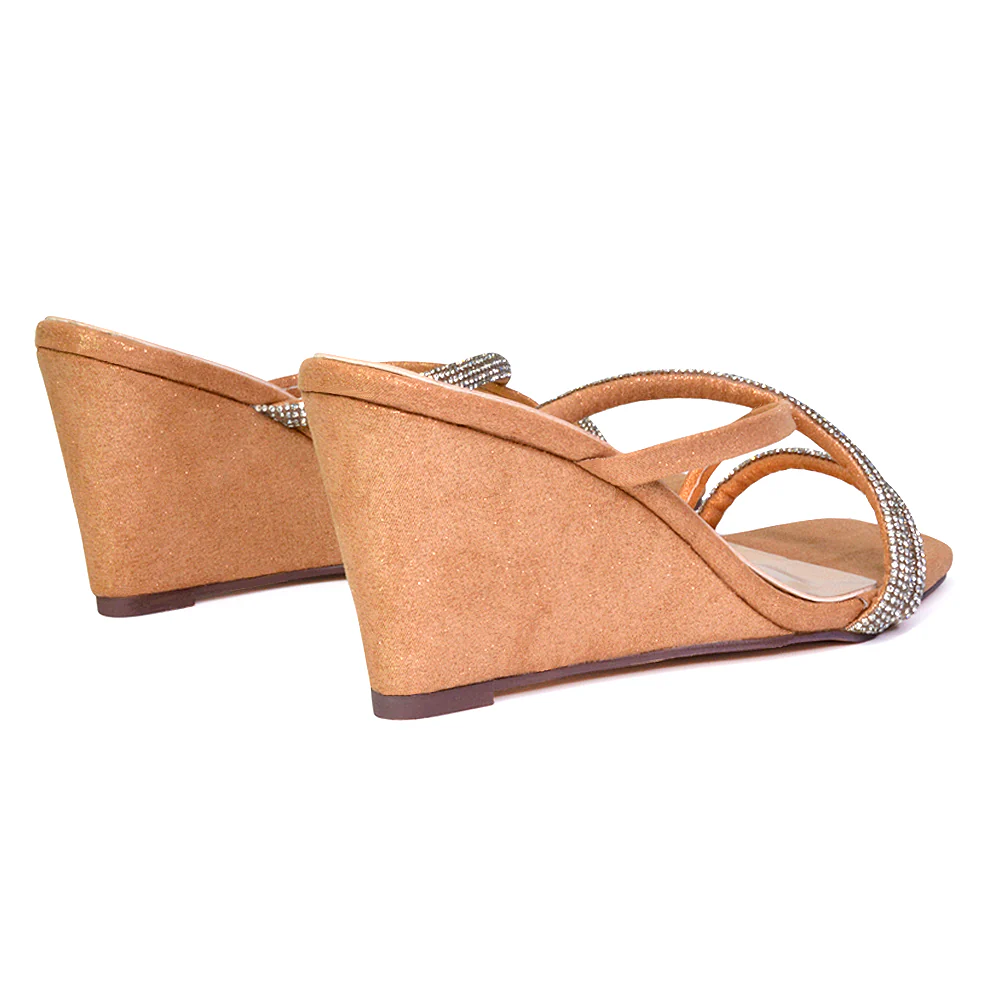 Kinsley Slip on Heeled Mules Diamante Strappy Square Toe Sandal Wedge Heel in Rose Gold - Image 67
