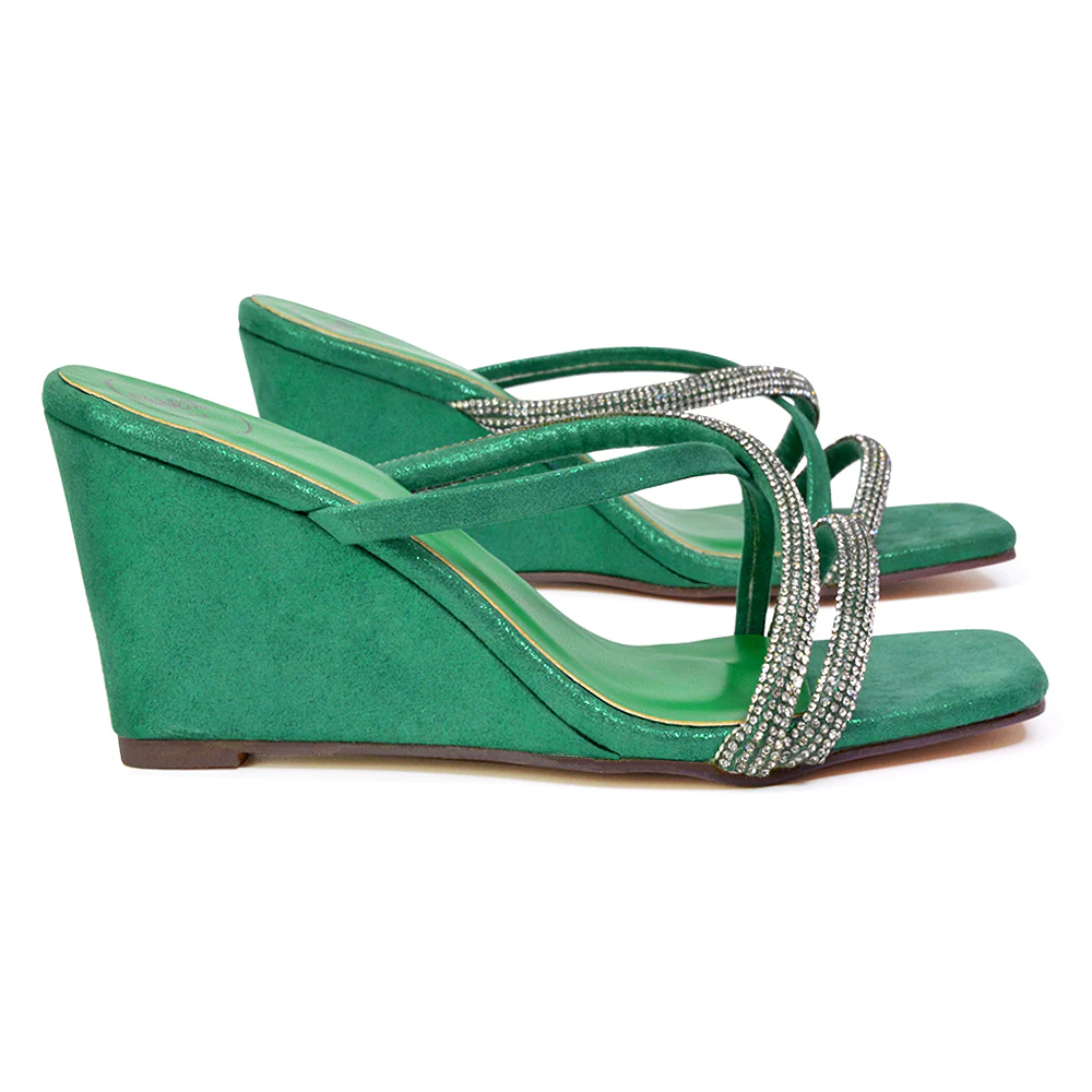 Kinsley Slip on Heeled Mules Diamante Strappy Square Toe Sandal Wedge Heel in Rose Gold - Image 9